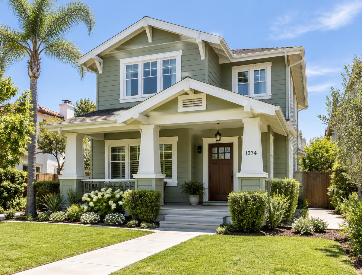 Craftsman home freshly painted sage green with white trim
