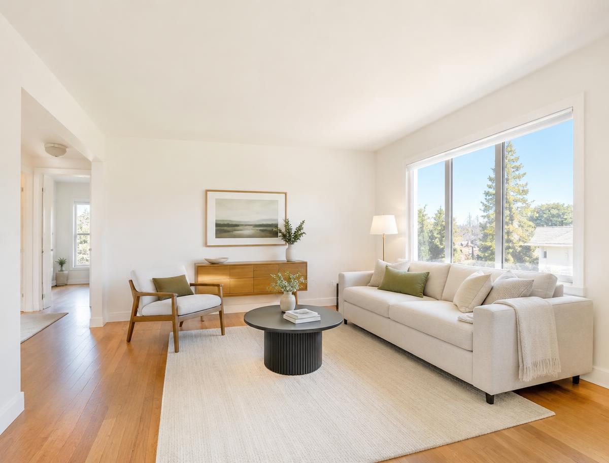 Bright living room with freshly painted warm white walls